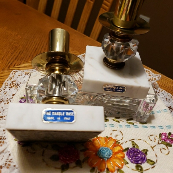 Vintage Set of 2 BRASS MARBLE Candlesticks Holder - Picture 3 of 9